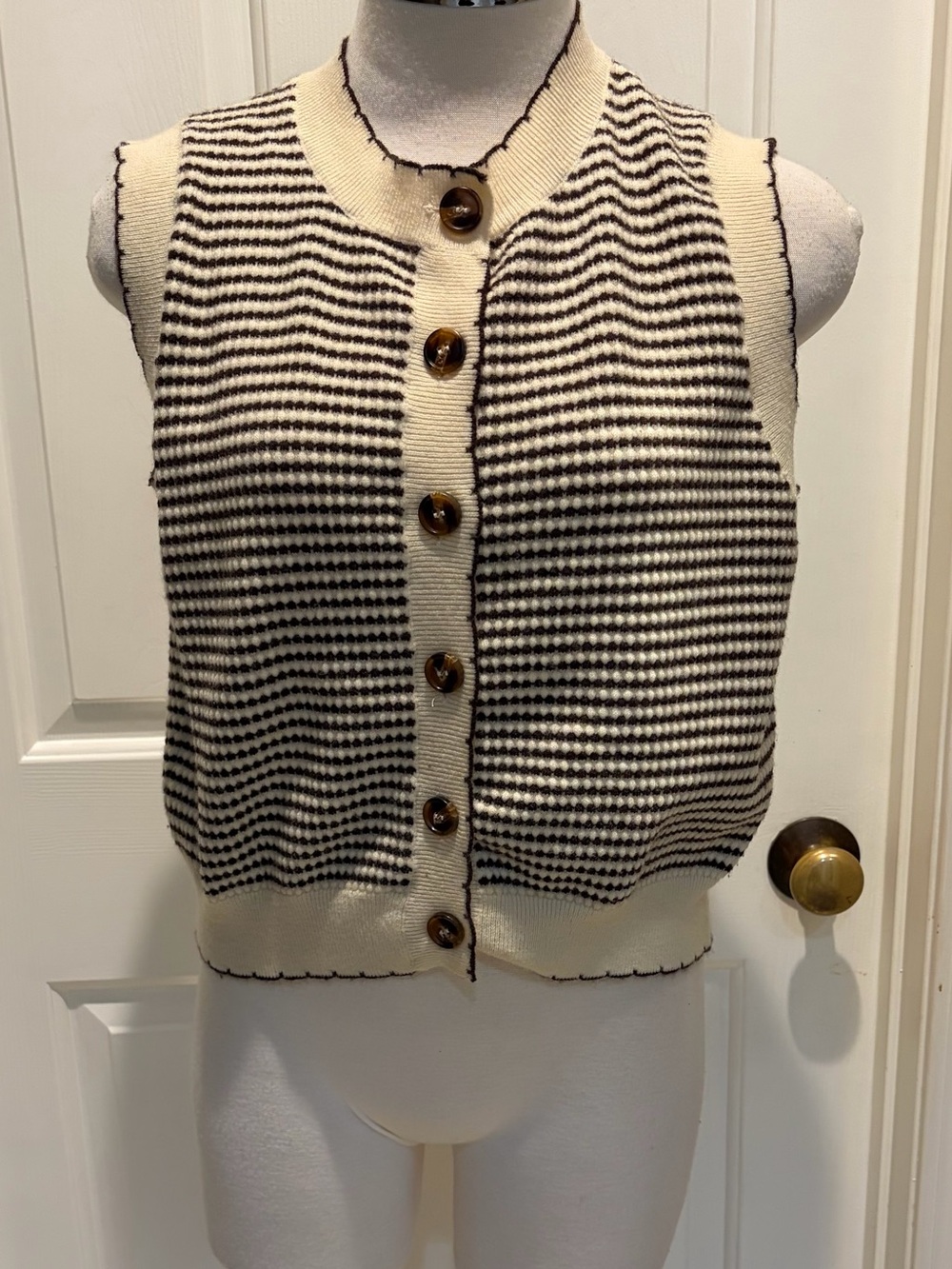 Sleeveless Ivory and brown Striped Button-Front Knit Vest